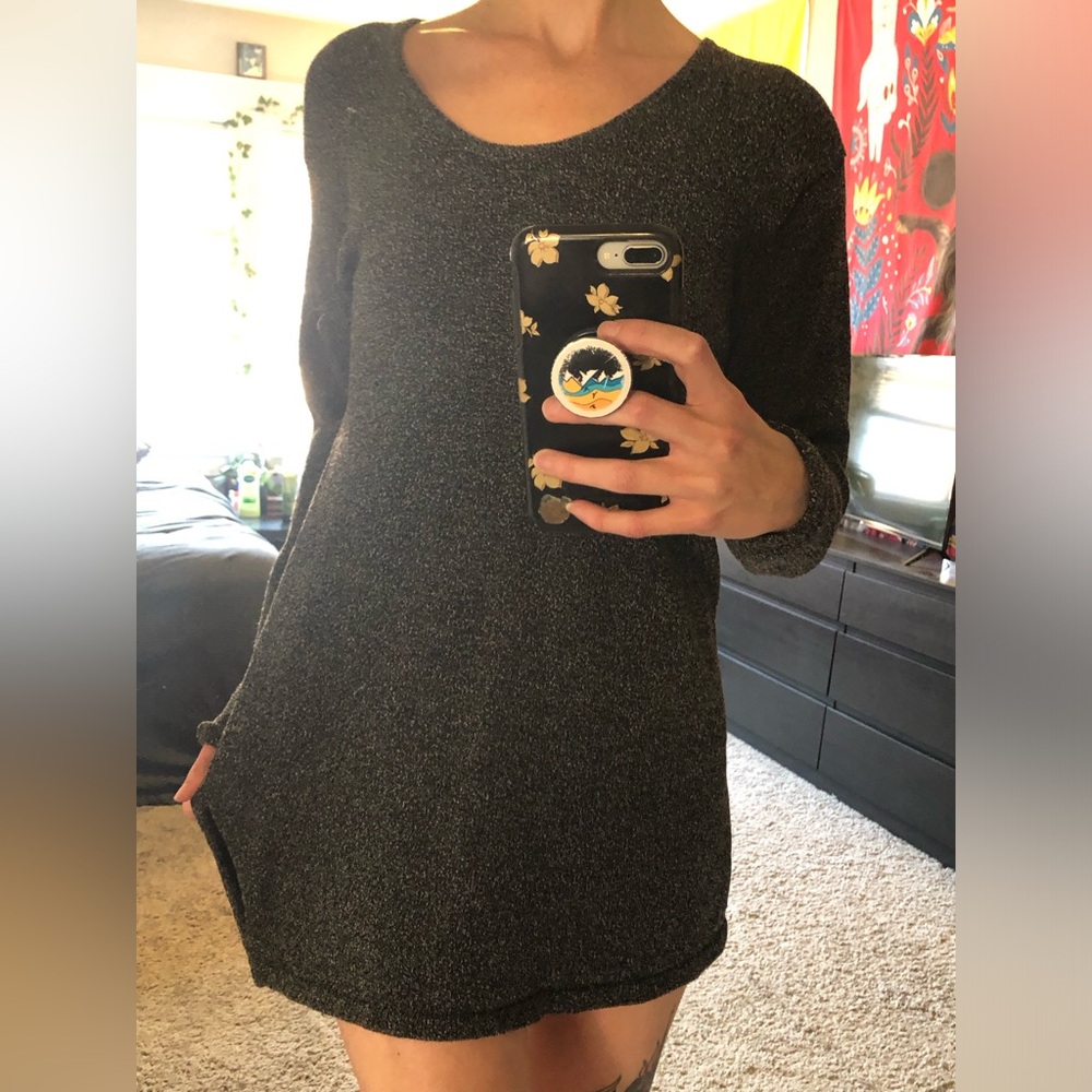 Vtg Helen HSU NY Marled Charcoal Knit Lagenlook Longsleeve Mini Dress/Tunic